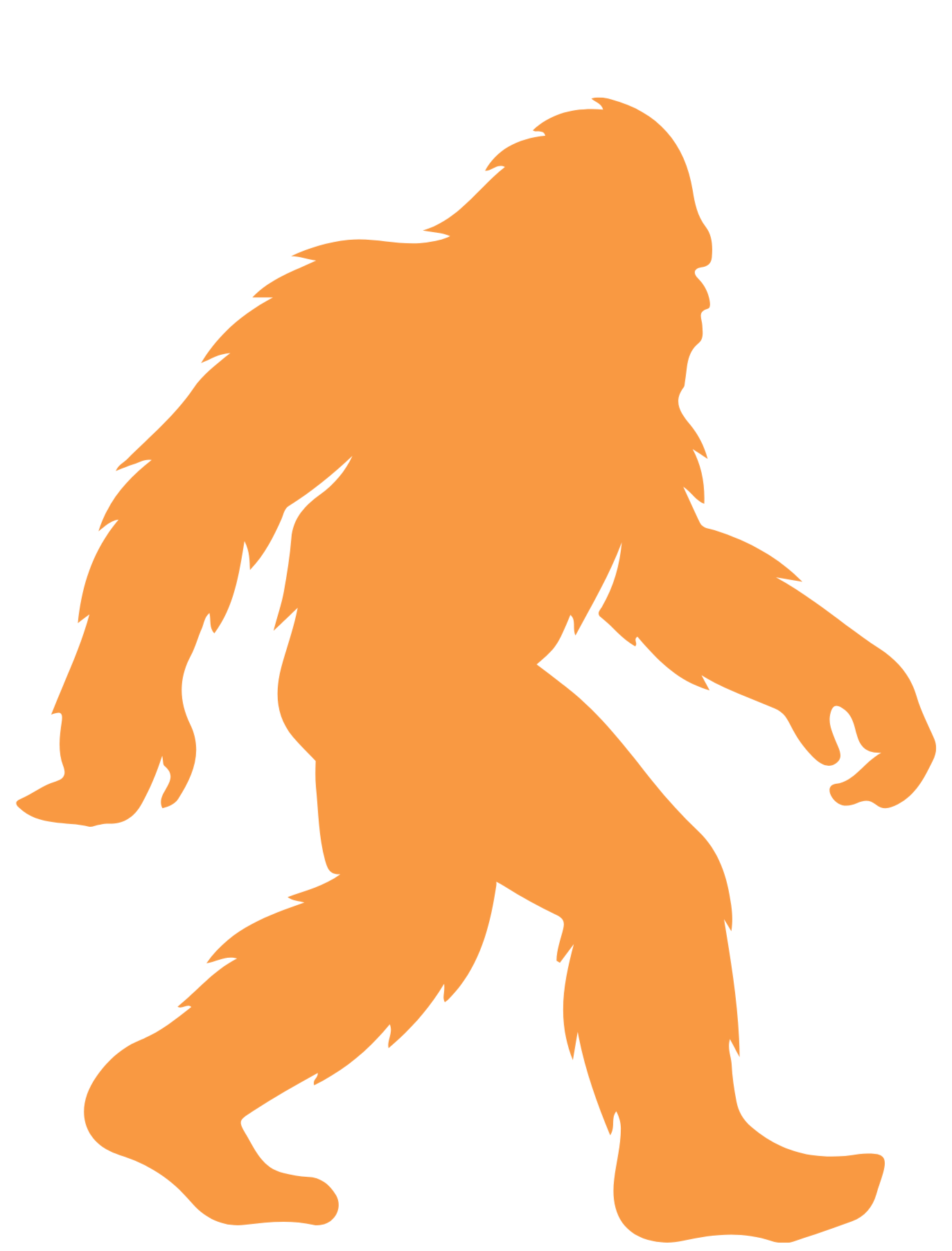 Orange silhouette of Bigfoot walking.