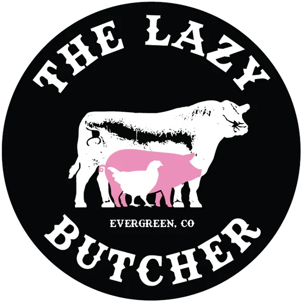 Logo for The Lazy Butcher in Evergreen, Colorado, featuring a circle with a cow, pig, and chicken in the center, and the business name arched around the top and bottom.
