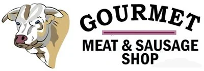 Logo for Gourmet Meat & Sausage Shop featuring a cow's head.