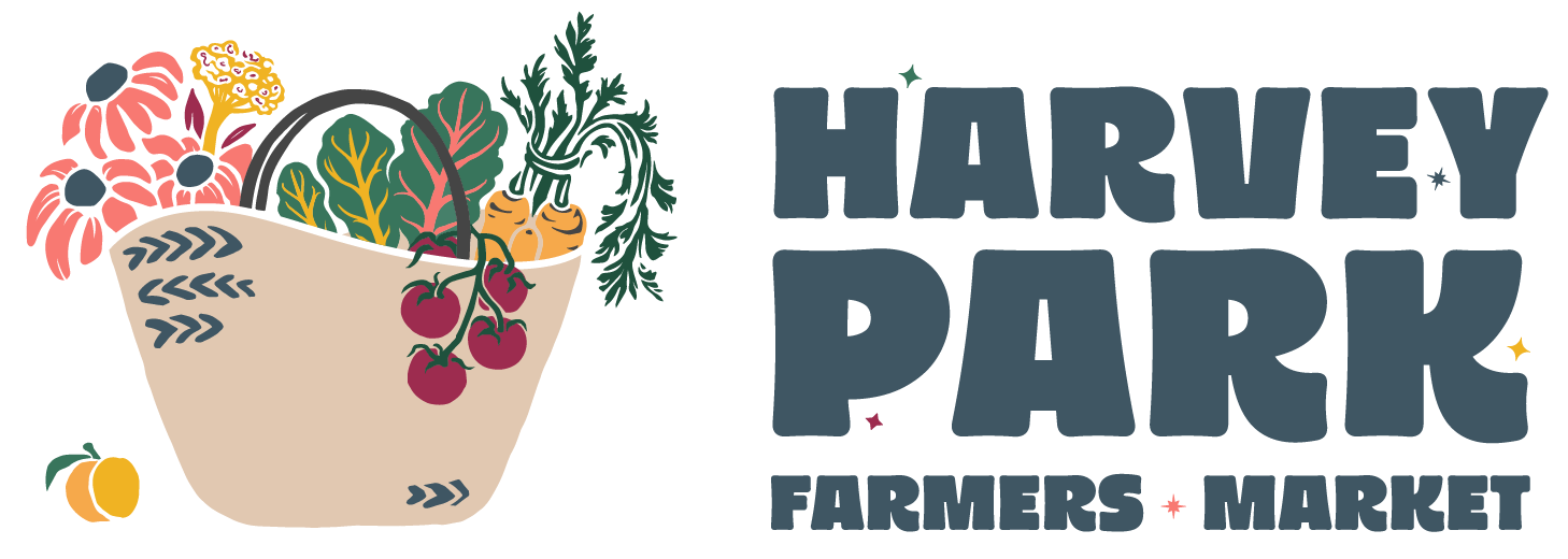 Illustration of a grocery basket filled with fresh vegetables and fruits, alongside the text 'Harvey Park Farmers Market'.