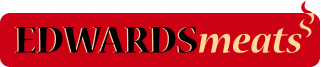 Logo of Edwards Meats with red background and white text