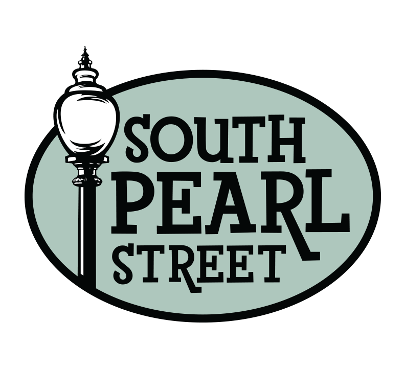 Sign for South Pearl Street featuring a vintage lamppost illustration and text in a stylized font.