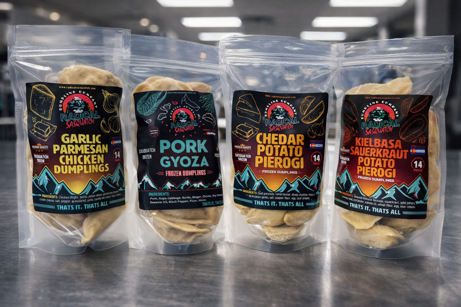Four clear plastic bags of frozen dumplings with colorful labels, including garlic parmesan chicken, pork gyoza, cheddar potato pierogi, and kielbasa sauerkraut potato pierogi, on a metallic surface.