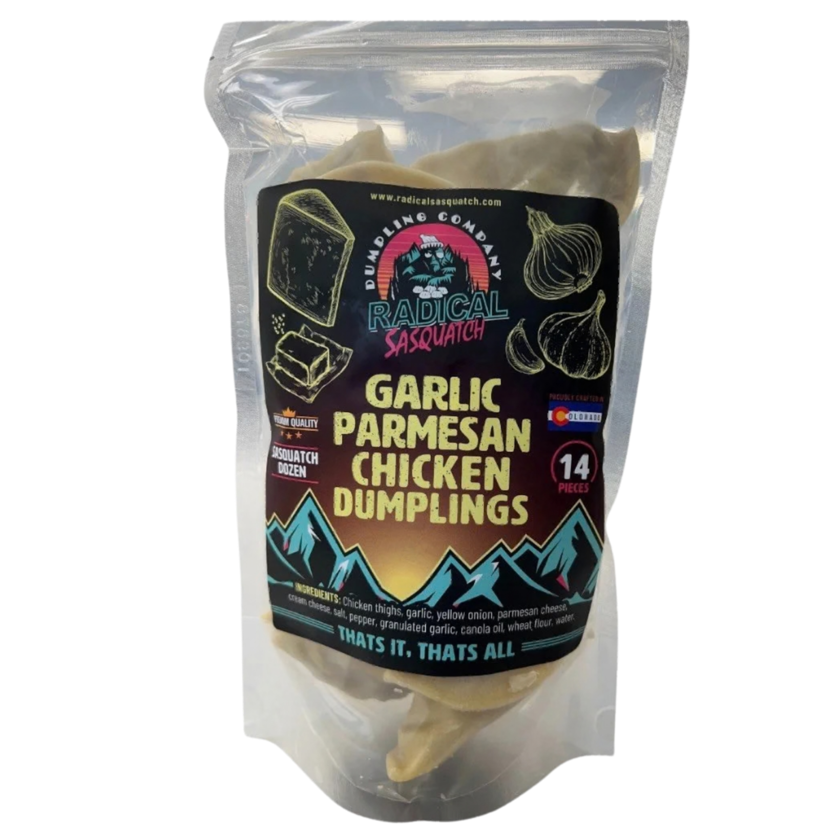 Packaging of Radical Sasquatch garlic Parmesan chicken dumplings, 14 pieces in a clear bag with a black, purple, and blue label featuring illustrations of garlic and cheese.
