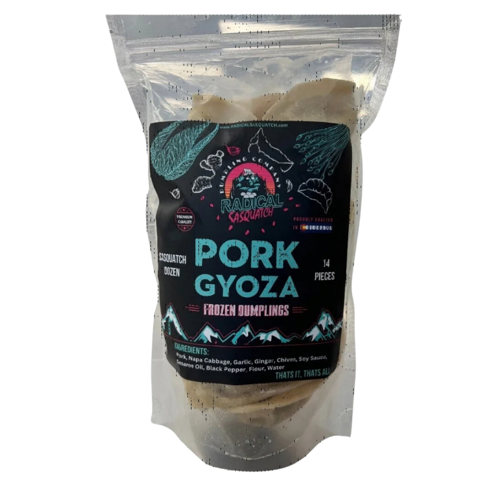 Package of Radical Sasquatch pork gyoza frozen dumplings with 14 pieces, featuring black, blue, and pink design elements and a mountain illustration on the front.