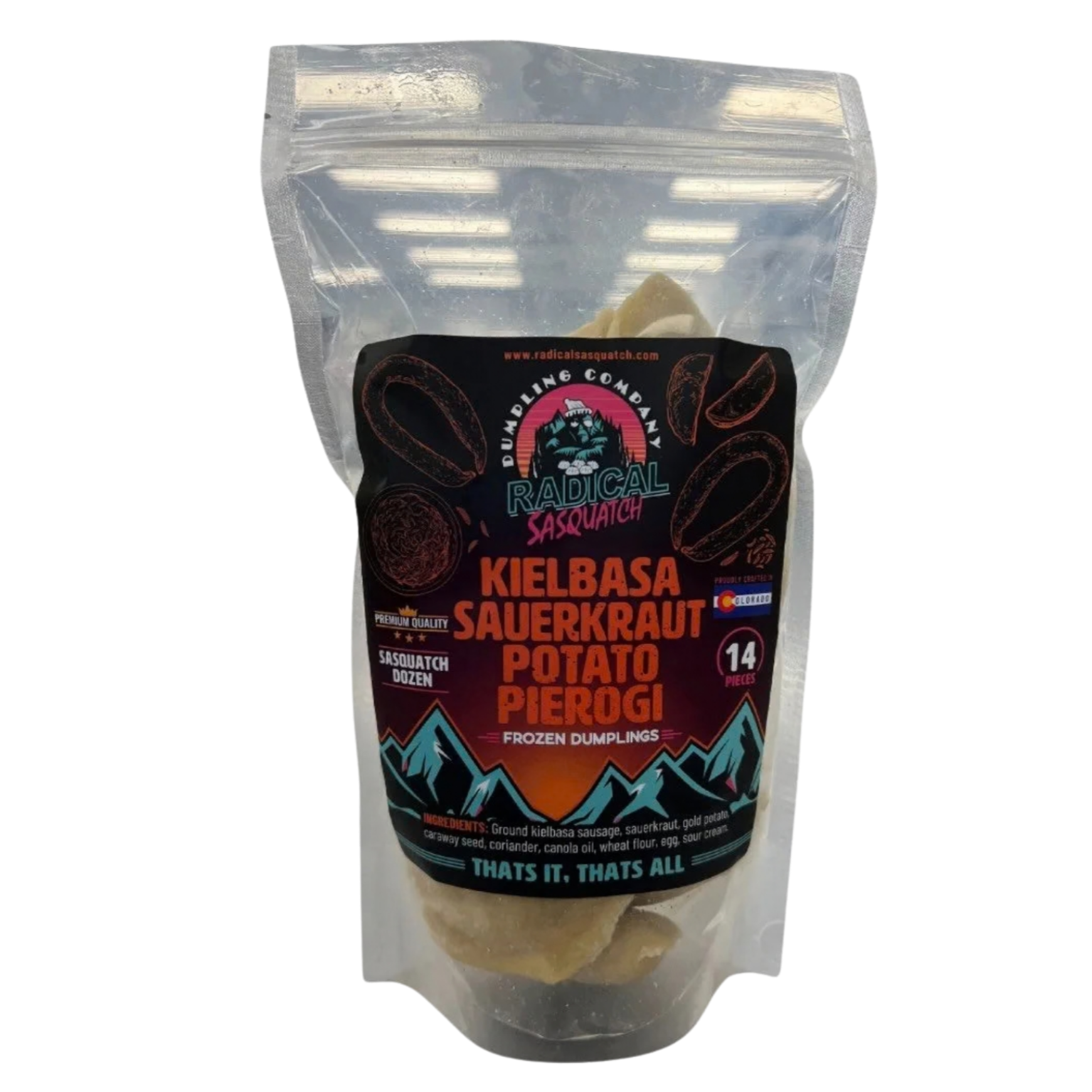 A clear plastic bag of frozen dumplings labeled "Radical Sasquatch Kielbasa Sauerkraut Potato Pierogi" with 14 pieces inside, featuring colorful mountain graphics and product details.
