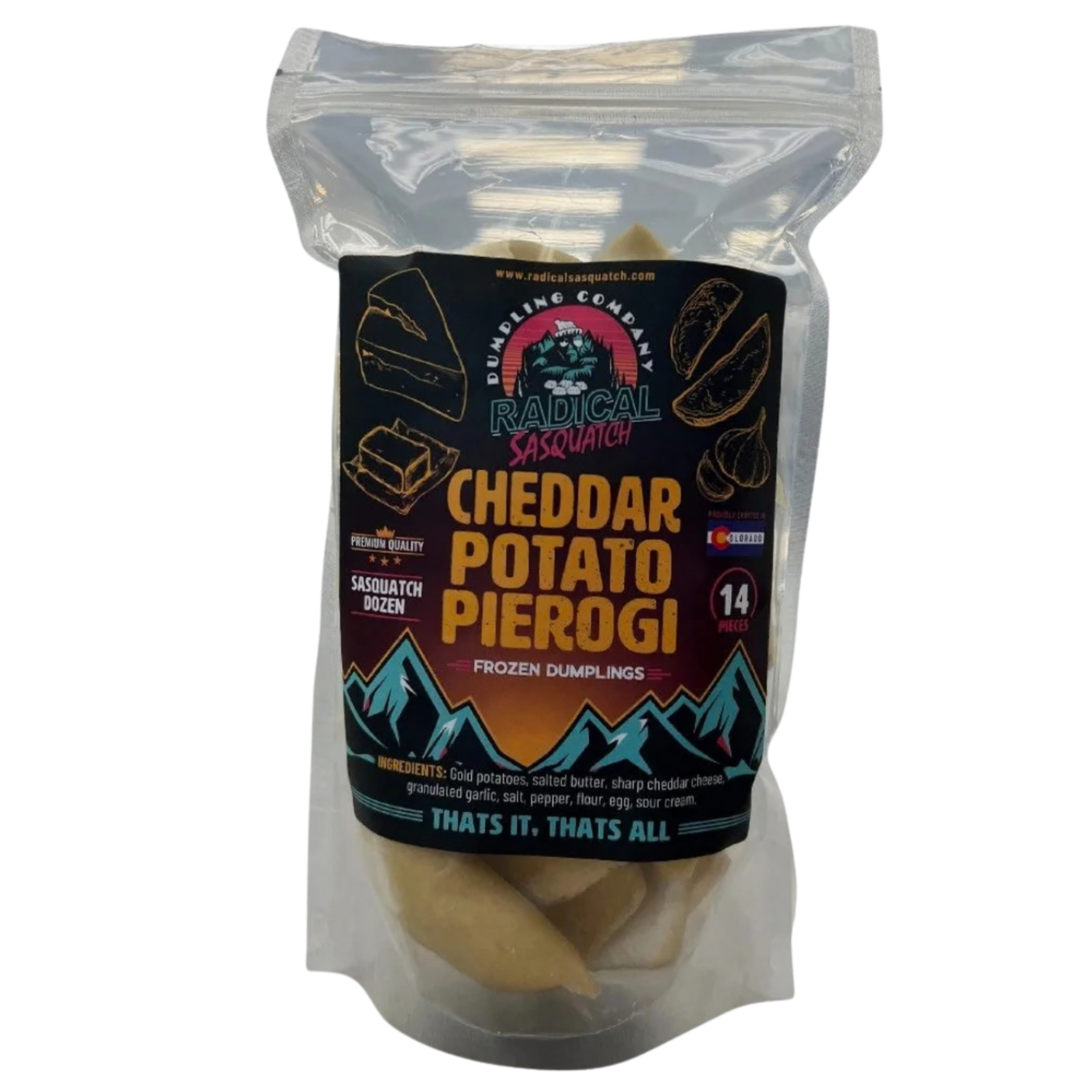 A package of frozen Cheddar Potato Pierogi by Radical Sasquatch, featuring a mountain scene illustration, ingredients list, and various labels indicating product quality and quantity.