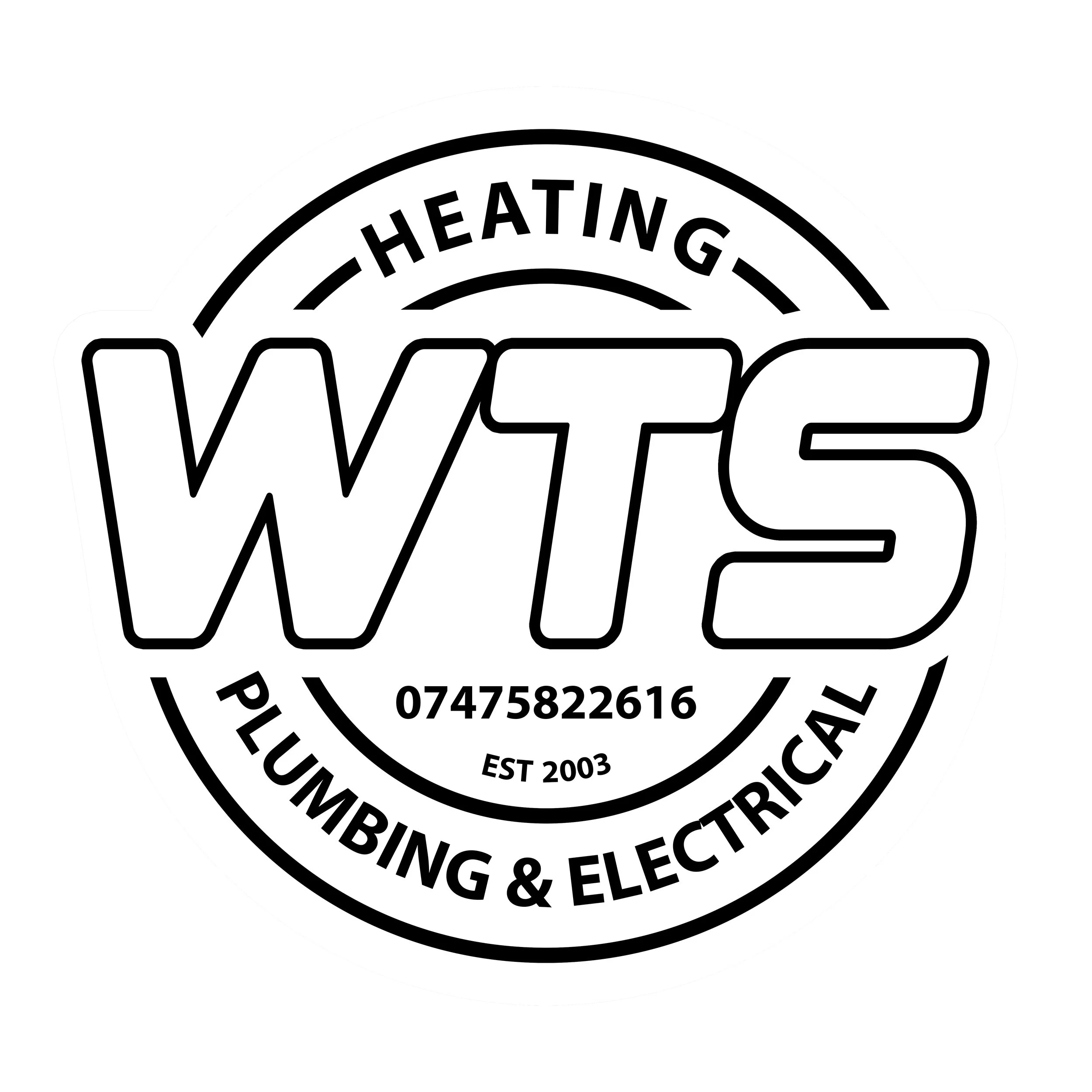 Logo for WTS Plumbing & Electrical, featuring the word WTS in large letters, around a circle with the text Heating at the top, Plumbing & Electrical at the bottom, and contact details in the centre.