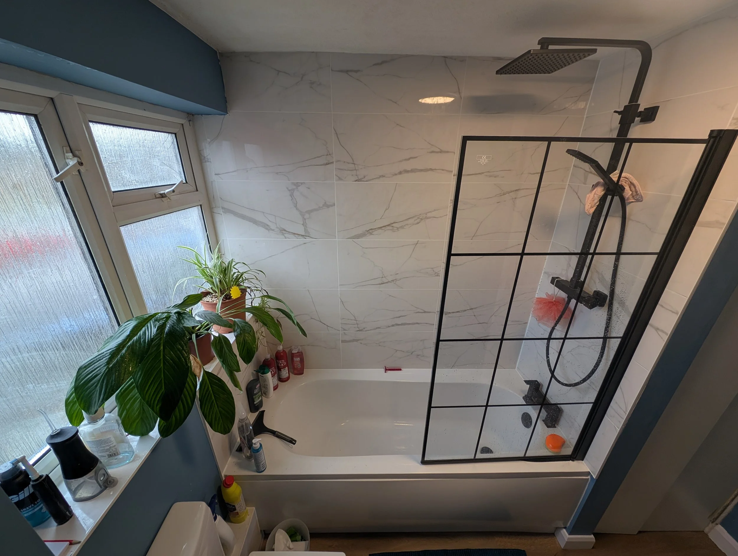 Bathroom with a bathtub, a glass shower screen, and a window with frosted glass. There are potted plants and toiletries on the window sill, and a shower head inside the glass enclosure.