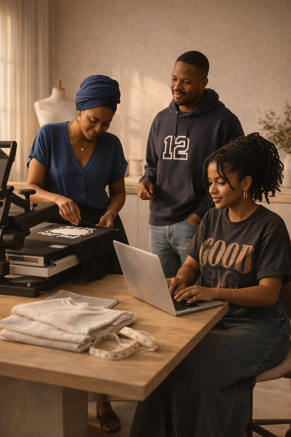 Three women and one man in a room with sewing and design equipment around, working on a fabric. One woman is sewing, two women are using a laptop, and the man is observing, all smiling and engaged.
