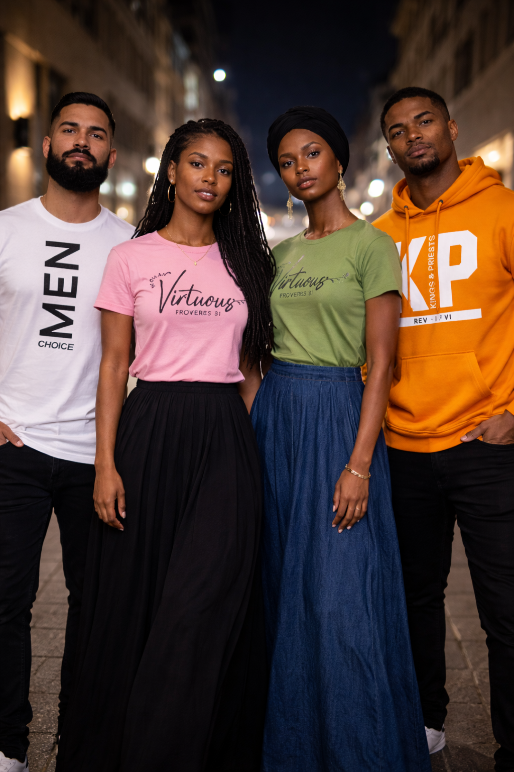 Four young adults standing close together outdoors at night, dressed casually, on an urban street with blurred lights in the background.
