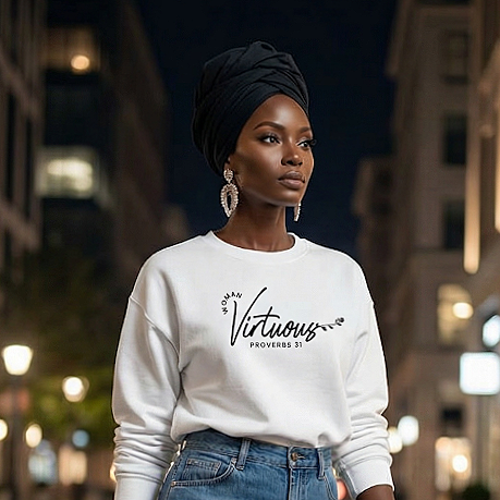 A Black woman wearing a black headwrap, large earrings, and a white sweatshirt that says standing outdoors at night in an urban area.