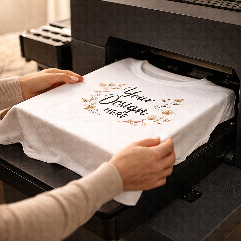 Person placing a white t-shirt with a customizable design into a heat press machine for printing.