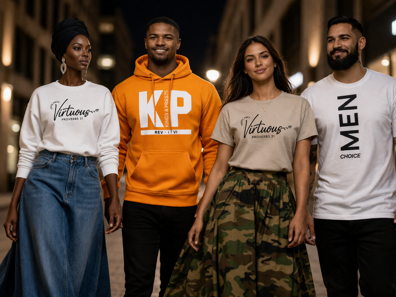 Group of four diverse young adults standing together on a city street at night, smiling and looking confident, wearing casual and stylish clothing with slogans and logos.