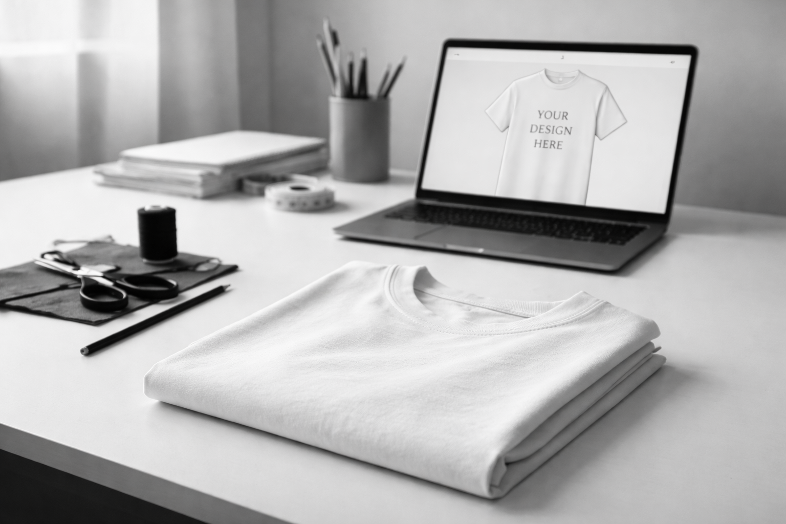 Black and white photo of a workspace with a folded white T-shirt in the foreground, a laptop displaying a T-shirt design on the screen, and various sewing and design tools on the desk, including scissors, spools of thread, and fabric.