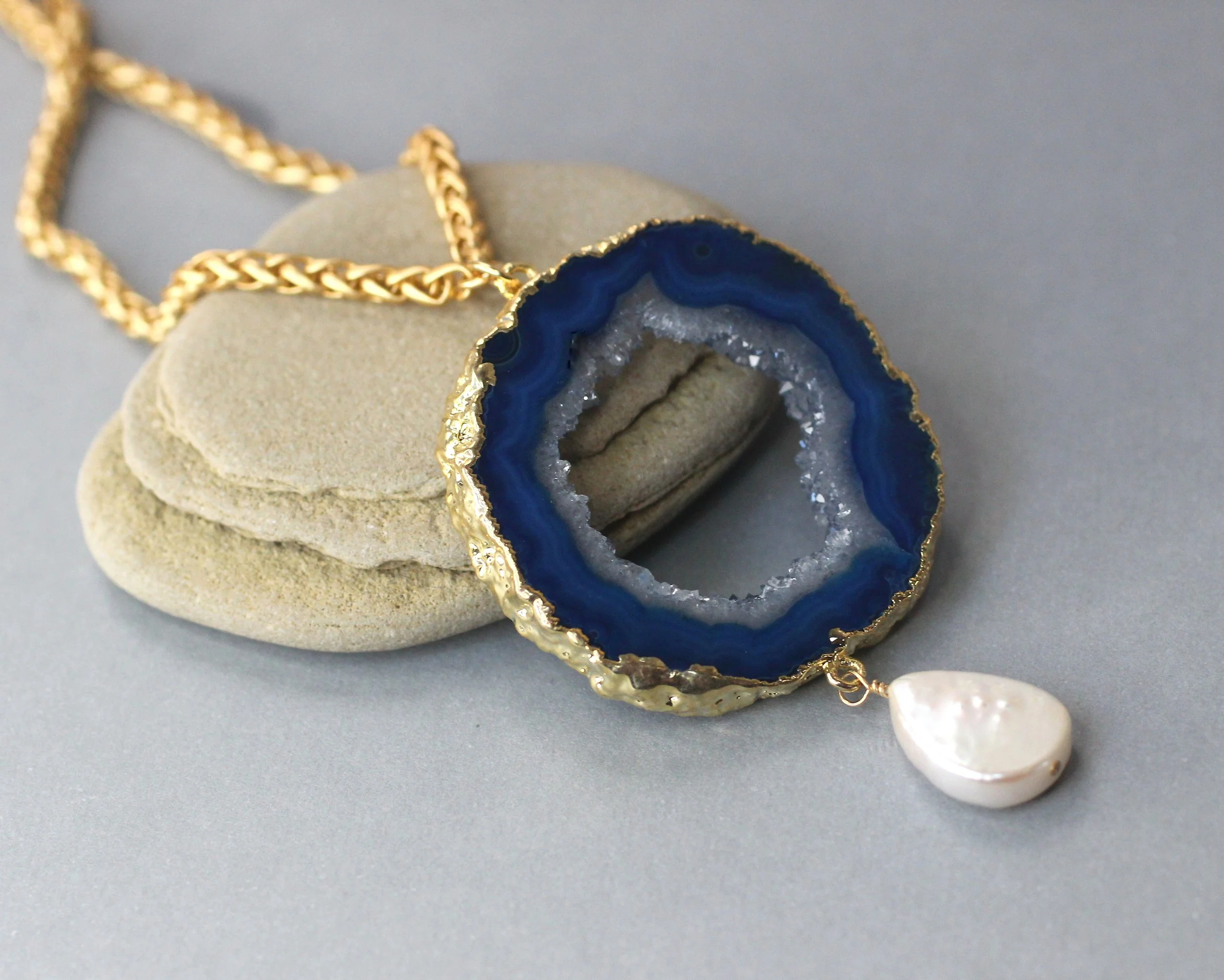 Blue Geode Necklace with Pearl Teardrop