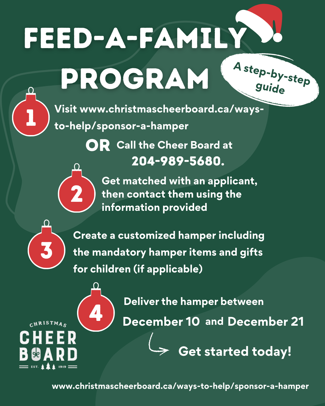 Green poster with white text and red Christmas ornament icons detailing steps for the 'Feed-a-Family Program,' including visiting website, calling a phone number, matching with an applicant, creating a customized hamper, and delivering between Decemb