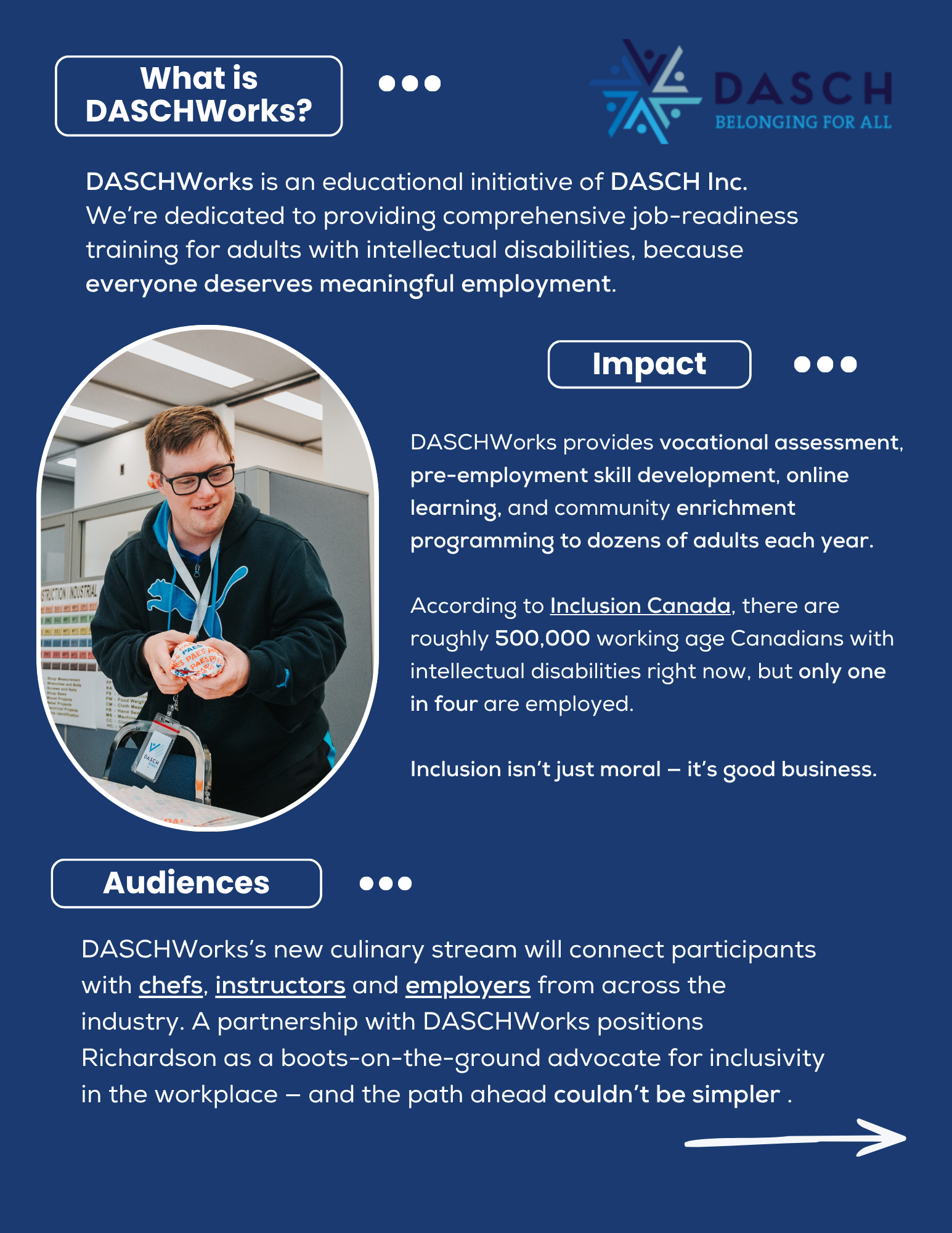 Information about DASCHWorks, an educational initiative for job-readiness training for adults with intellectual disabilities, featuring a photo of a young man smiling and holding a medal.