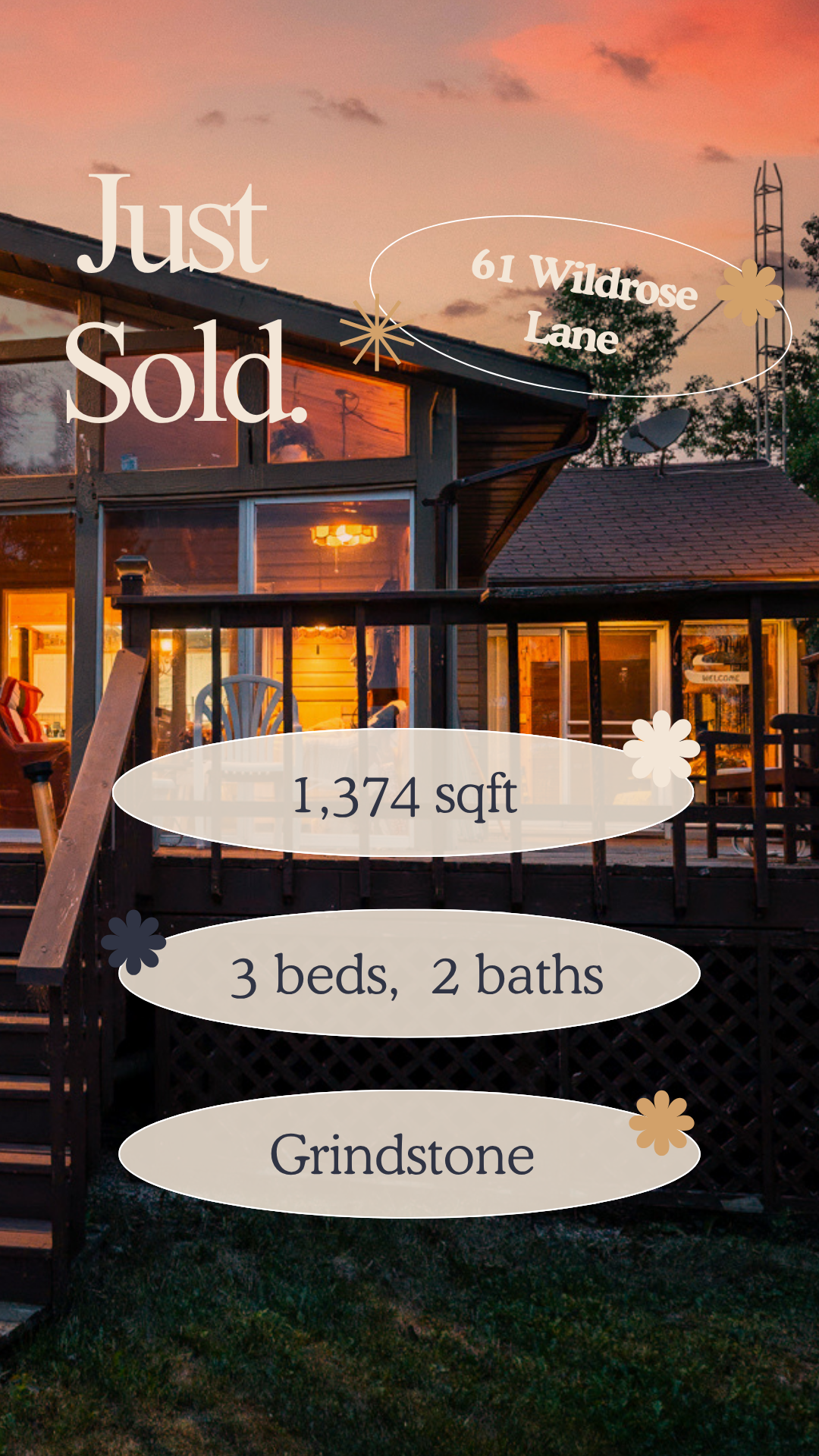 A house at sunset with text overlay saying "Just Sold," including address 61 Wildrose Lane, size 1,374 sqft, 3 bedrooms, 2 bathrooms.