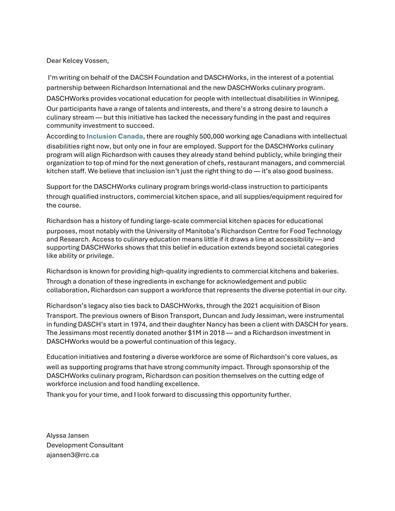 Letter addressing a partnership for a culinary program for people with disabilities in Winnipeg, discussing support, funding, and community impact.