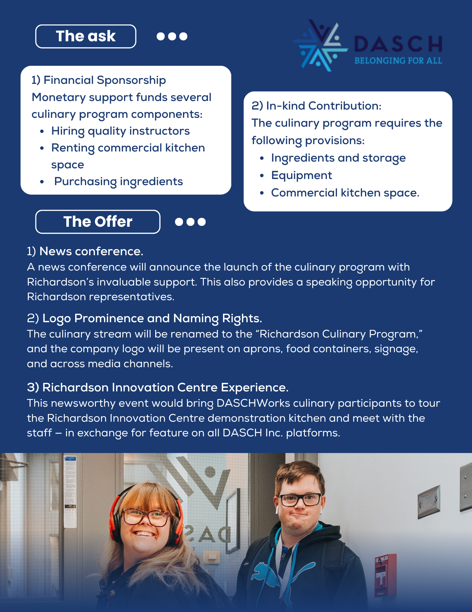 A digital flyer from DASCH with details about fundraising and promotional events, featuring two young people standing indoors, smiling at the camera.