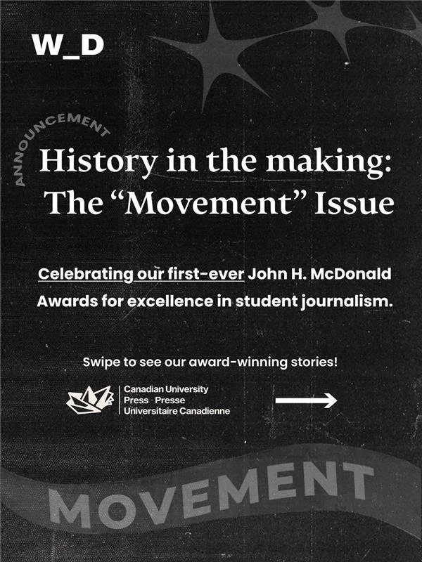 Digital poster says  'History in the making: The 'Movement' Issue,' with a call to swipe to see award-winning stories, featuring a black background, white text, and a stylized logo.