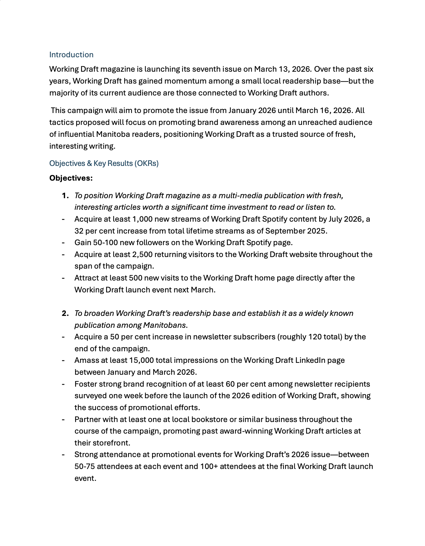 The first page of the document contains an introduction and detailed list of objectives and key results for a promotional campaign.