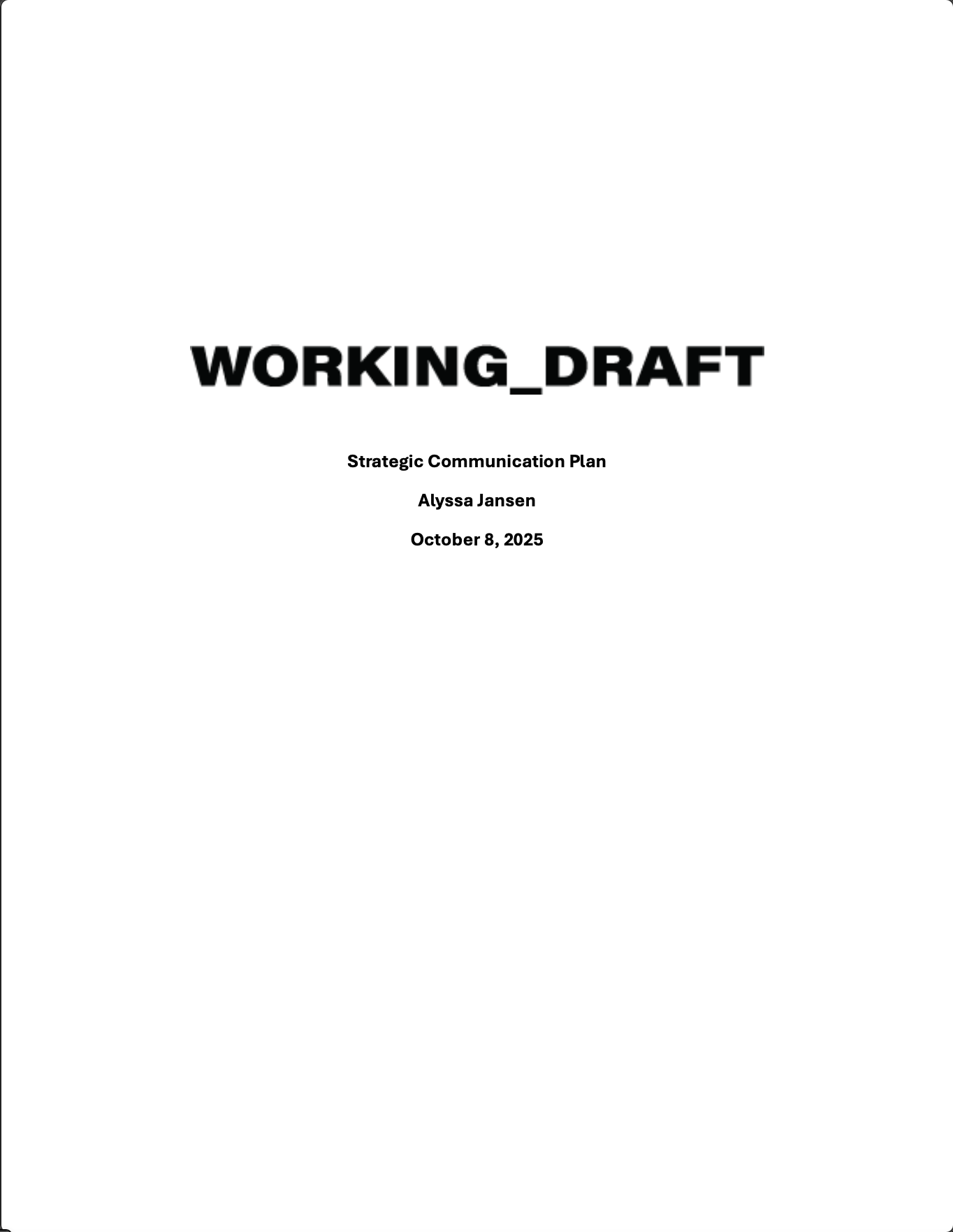 Cover page of a strategic communication plan document by Alyssa Jansen, dated October 8, 2025.