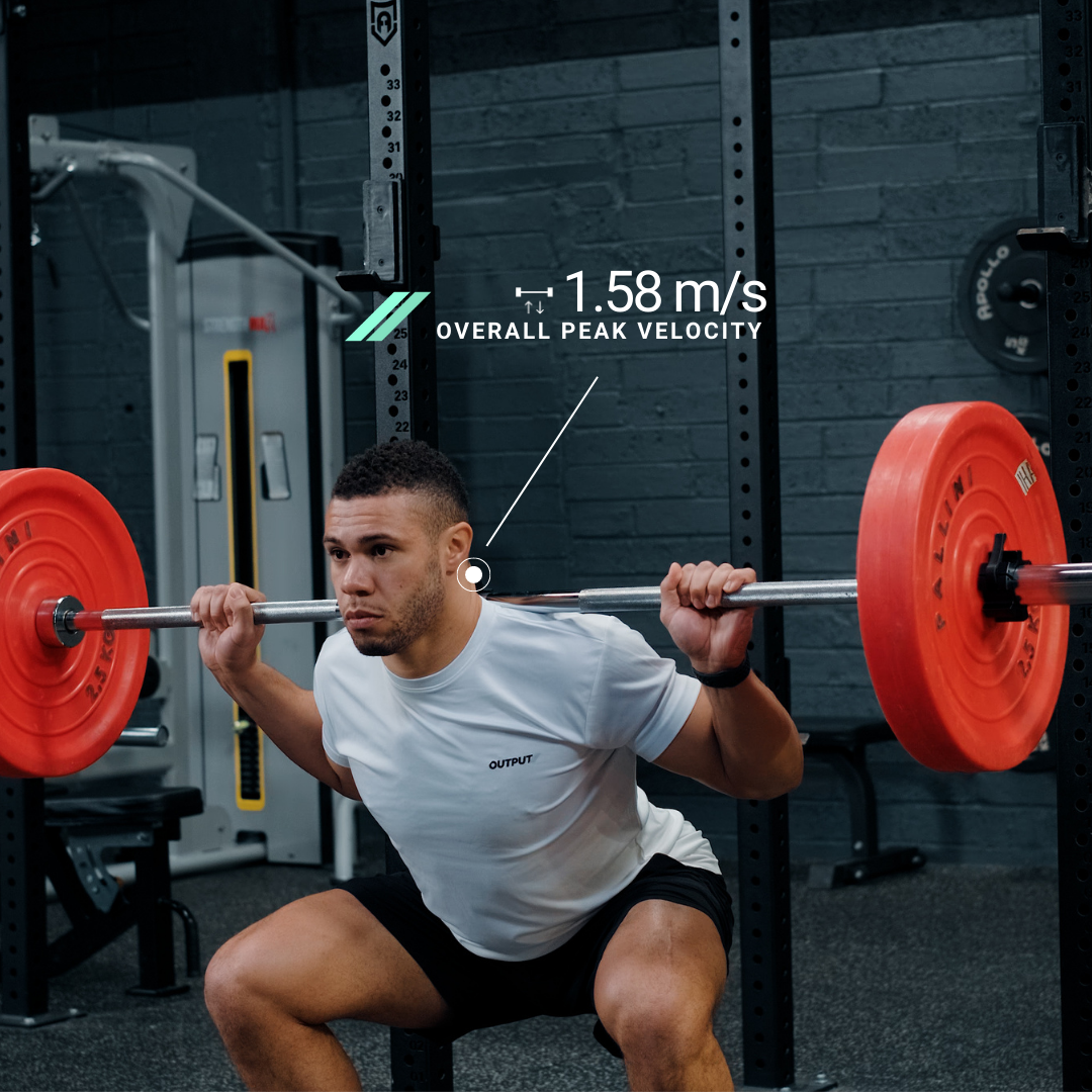 A man performing a squat exercise with a barbell loaded with orange weights in a gym. The overlay shows an overall peak velocity of 1.58 meters per second.