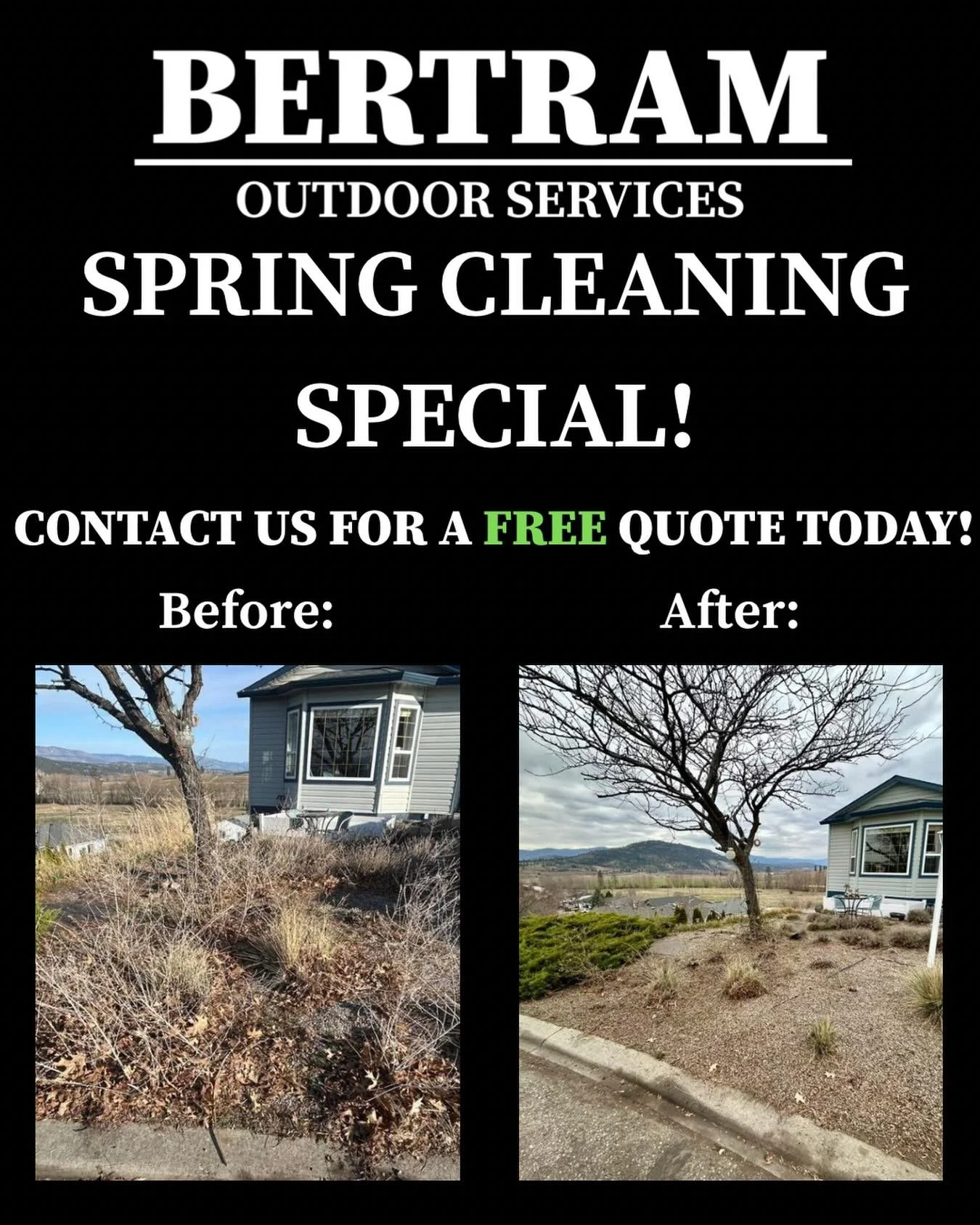 Hey Kelowna! 

We bring to you another happy customer with a yard that&rsquo;s now clean, refreshed, and ready for spring!

If your place is still dealing with leaves, debris, unwanted shrubs and bushes or just needs a reset after winter, we take car