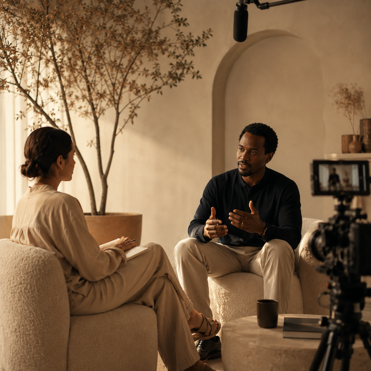 A man and woman having a conversation during an interview or therapy session in a cozy, warmly lit room with a large potted tree in the background. A camera records the scene.