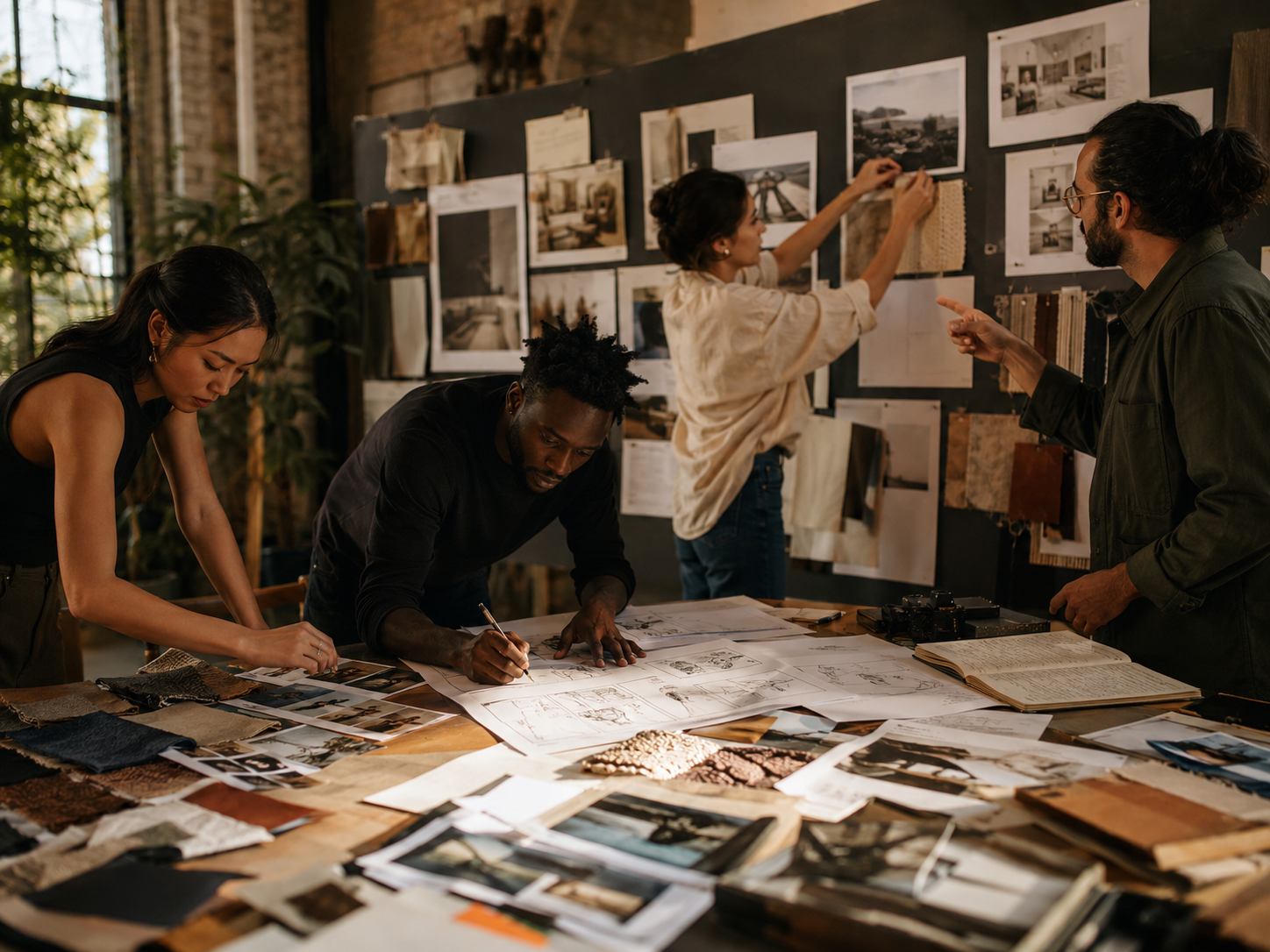 A group of four people working together in a creative studio, with photos, fabric samples, and sketches spread across a large table, while one person pins photos on a wall.