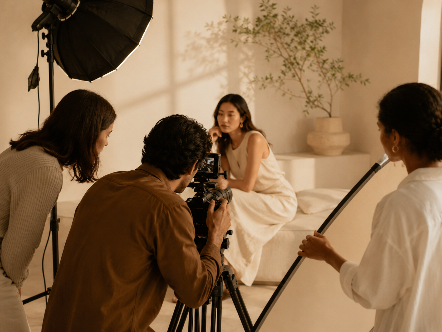 A woman in a white dress sits on a beige sofa during a photoshoot, with three assistants or photographers around her and studio lighting equipment, including a softbox, in a room with a neutral background and a potted plant.