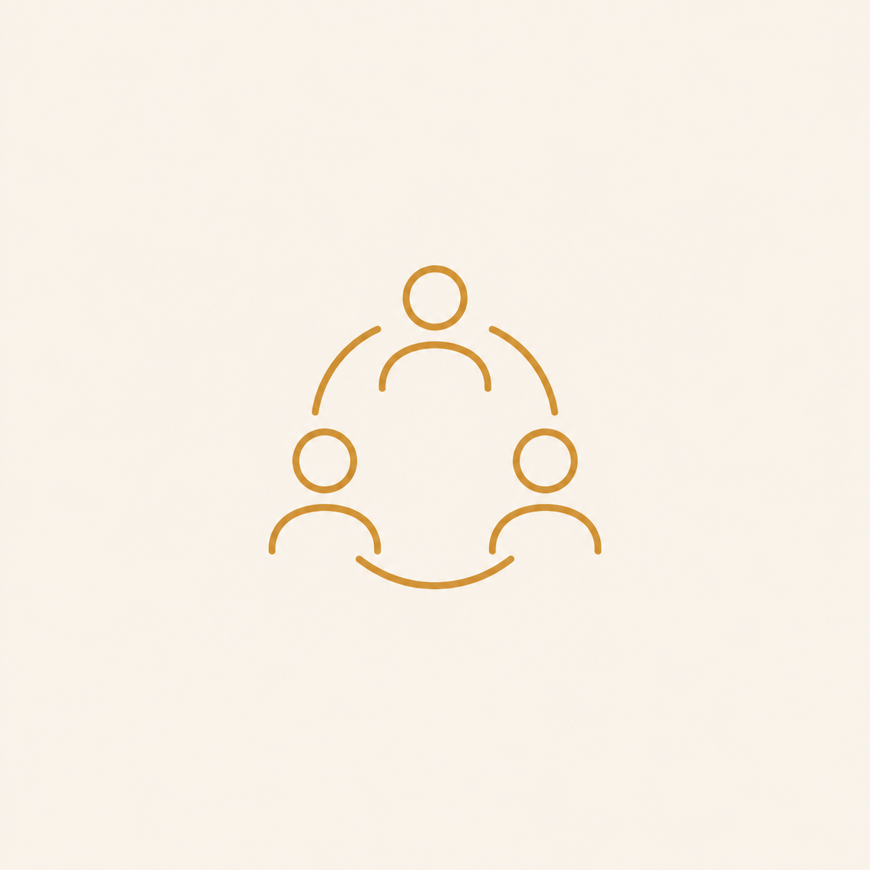 Line drawing of three people connected in a circle, representing a team or connection.