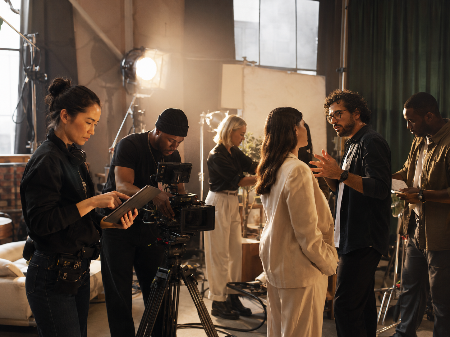 Film crew filming scene with two women engaged in conversation inside a studio with professional lighting equipment and a camera on a tripod.