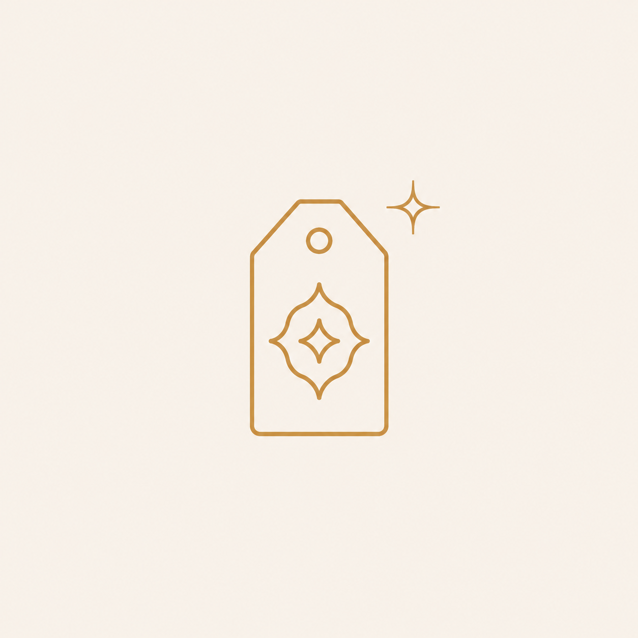 A minimalistic line drawing of a price tag with a sparkling star to the right.