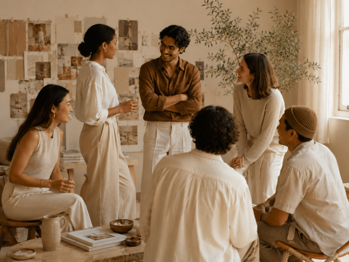 A group of six diverse people in a cozy, warmly lit room engaging in conversation. One woman is standing and speaking to a man with glasses, while the others sit or stand around, smiling and listening. The background features a collage of photographs and a large potted plant near a window.