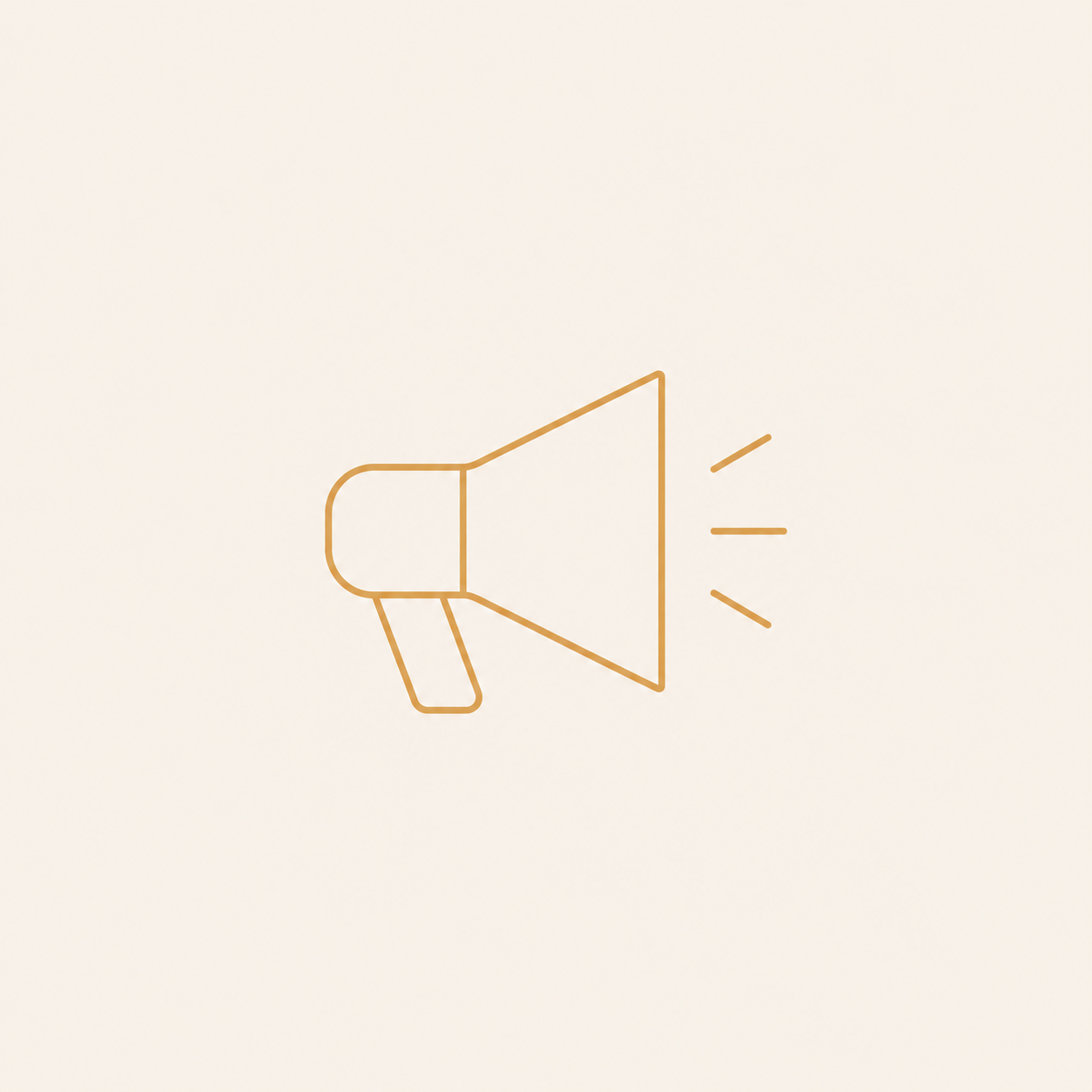 Line drawing of a megaphone emitting sound lines, on a light background.