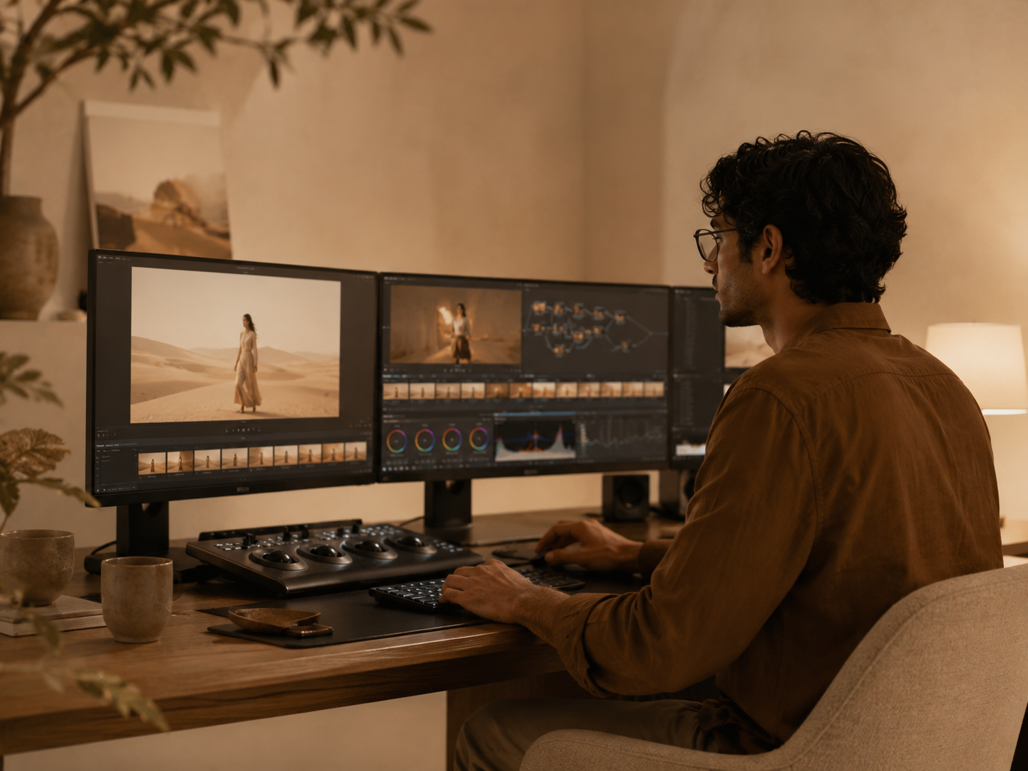 A man working on video editing with three monitors in a cozy room. The screens display desert images and video editing software.