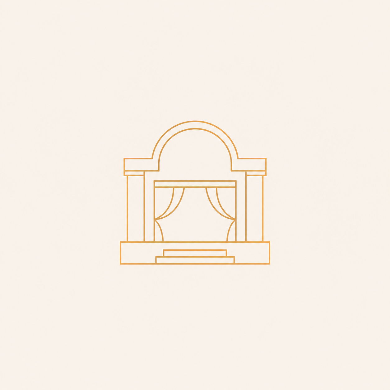Outline of a small stage with curtains, steps, and classical columns in a minimal style.