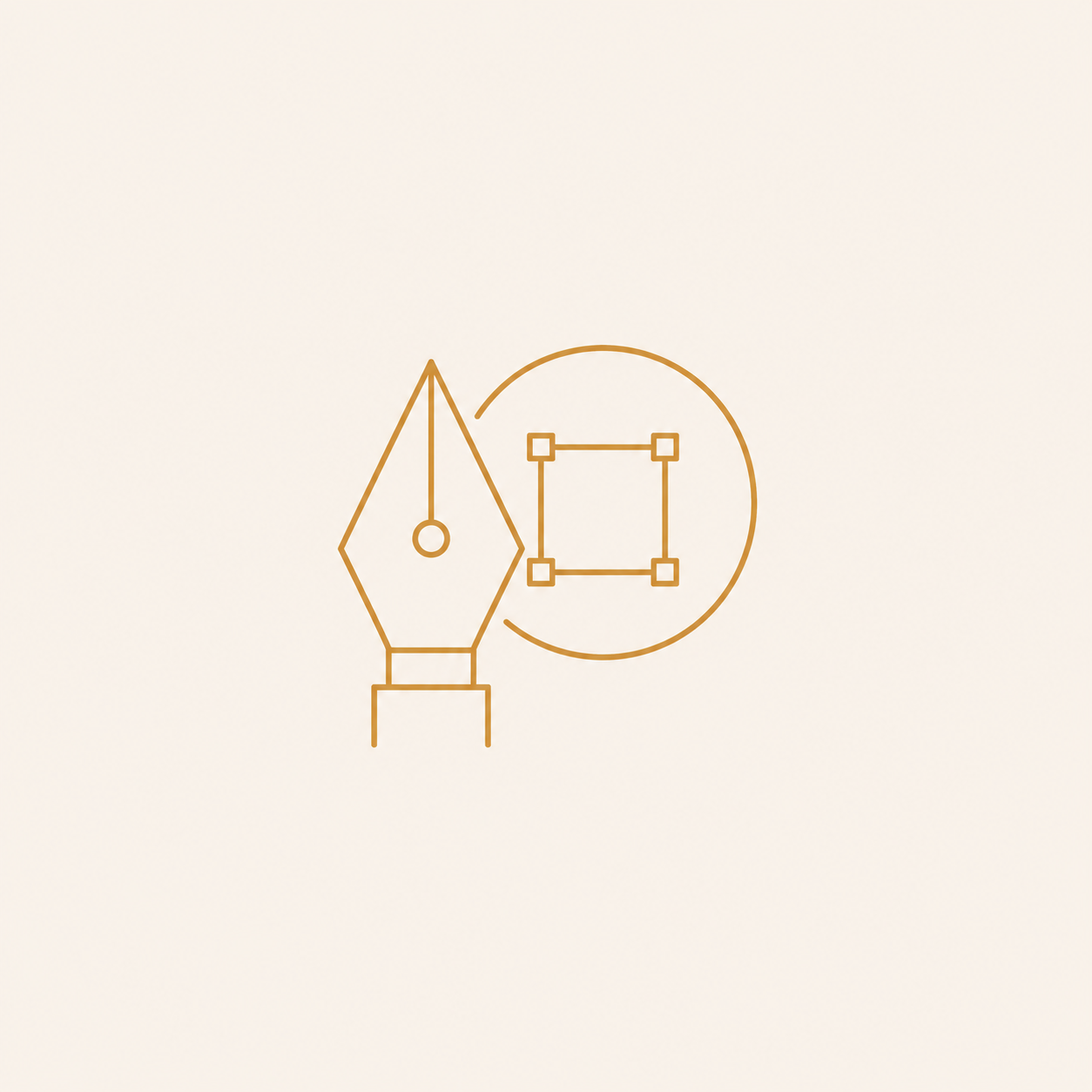 Minimalist line drawing of a pen nib and design tools, including a square selection and a circle, in gold color on a light background.