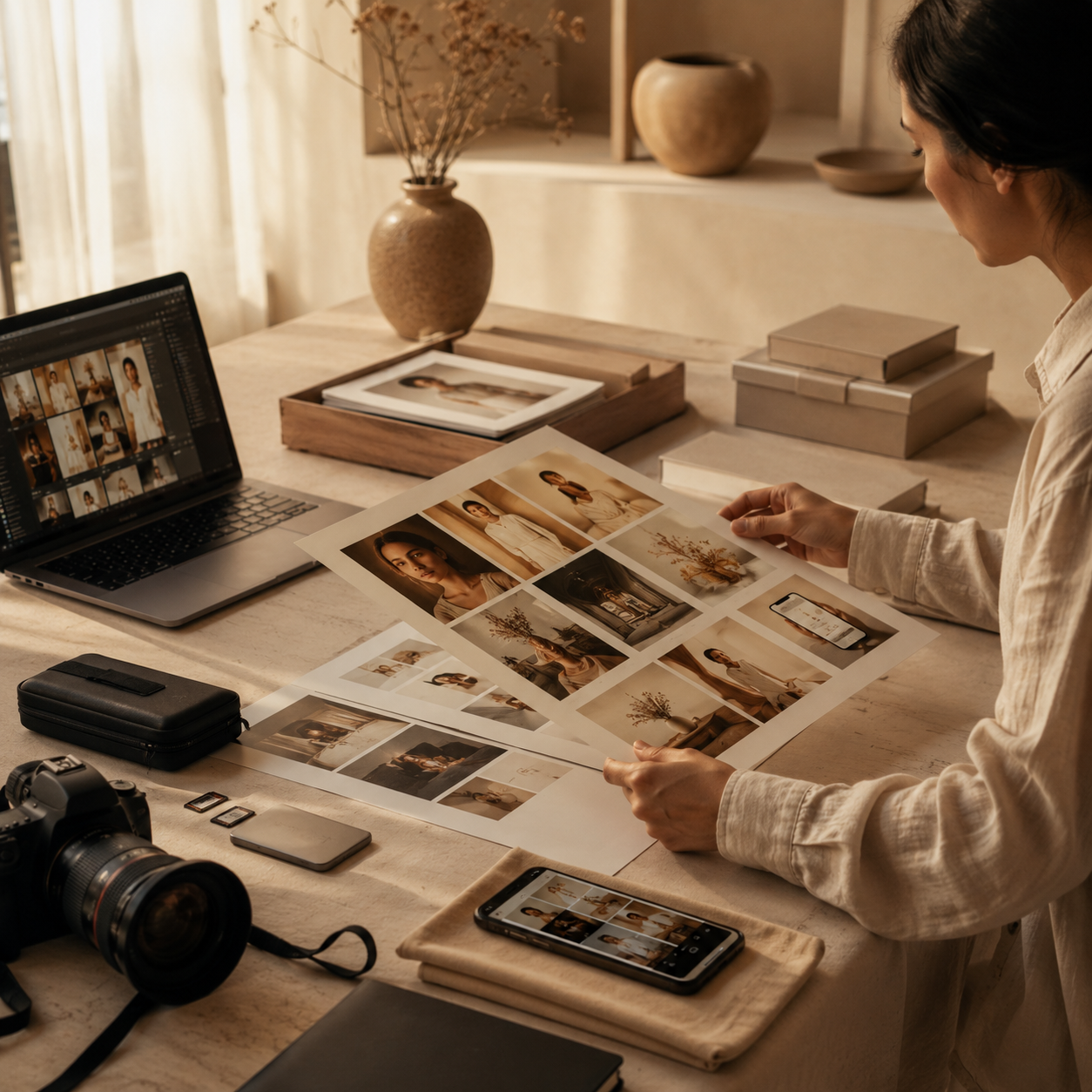 A woman reviewing printed photographs of a woman in different poses and outfits, sitting at a workspace with a laptop, camera, SD cards, a smartphone, and photo editing software on the screen.