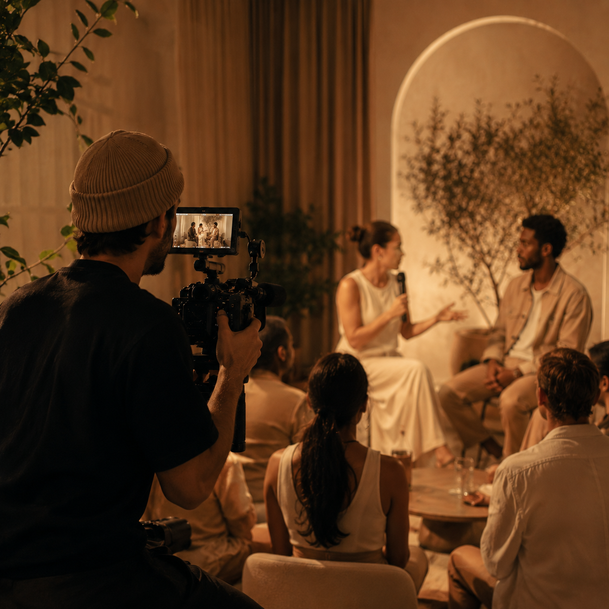 A person filming a discussion between a woman with a microphone and a man, during an indoor event with an audience.