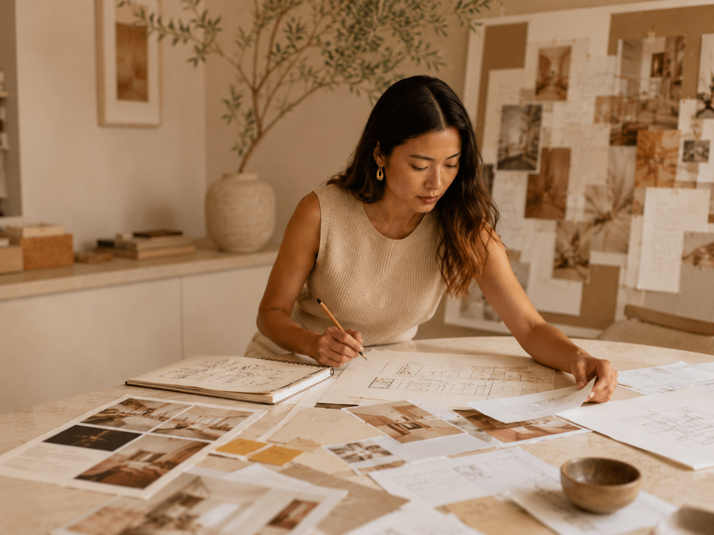 Woman working on interior design drafts at a table with photographs and sketches, in a room decorated with architectural plans and images on the wall.