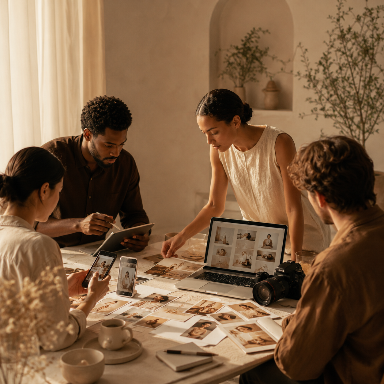 Group of people collaborating around a table with printed photographs, laptops, and a camera, in a warmly lit room.