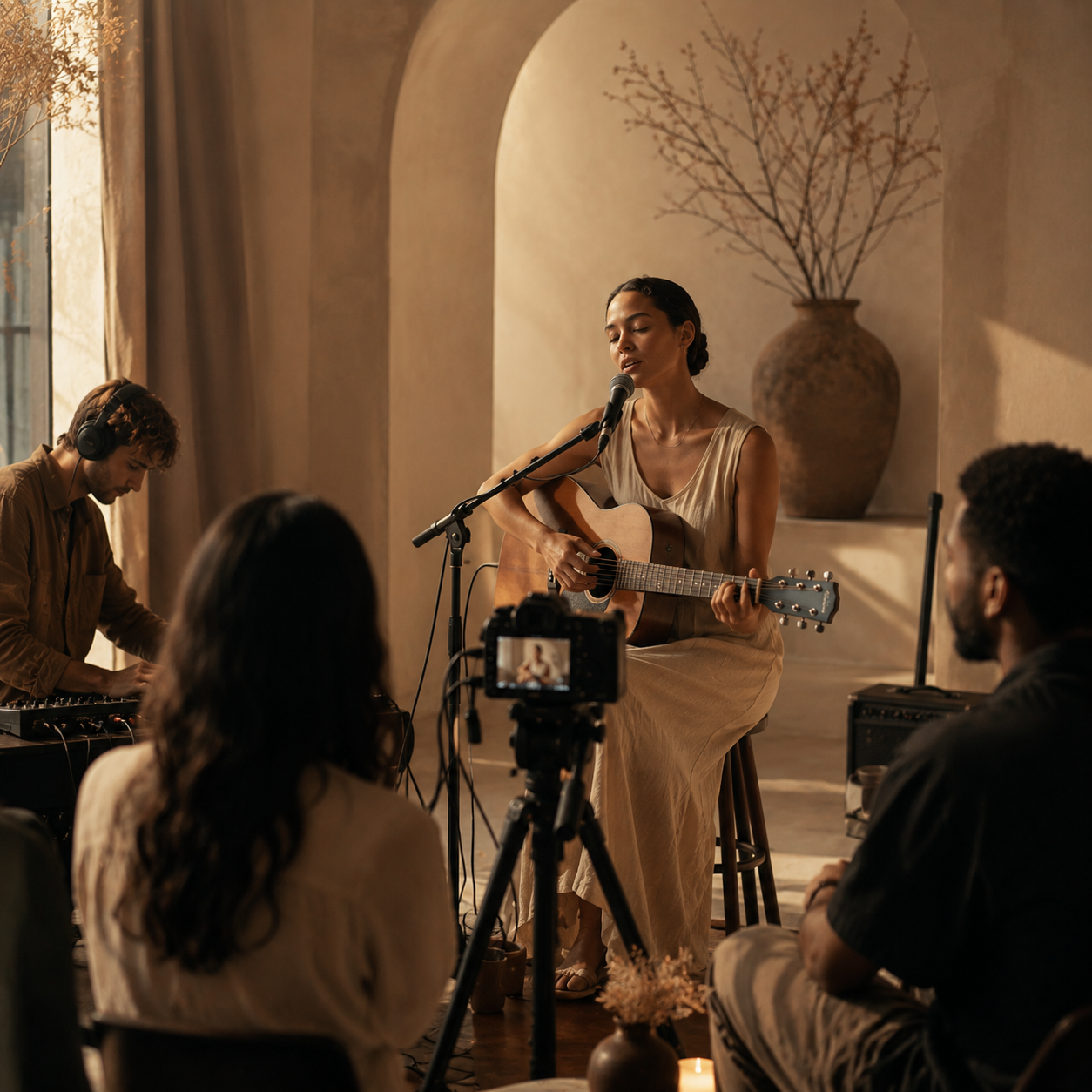 A woman sings and plays guitar during a live performance in a cozy, warmly lit room with an arched wall and a large vase with bare branches.