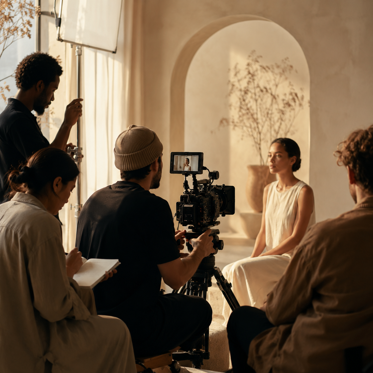 A film crew is doing a photoshoot or filming a woman sitting against a beige wall with a large potted plant background, in a softly lit room with a window covered by light curtains.