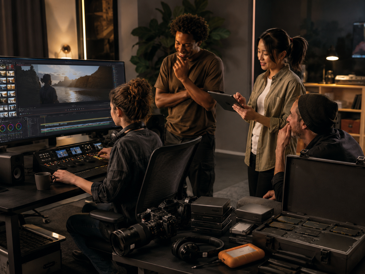 People working on a filmmaking project in a dimly lit editing room, with multiple monitors, cameras, and editing equipment.
