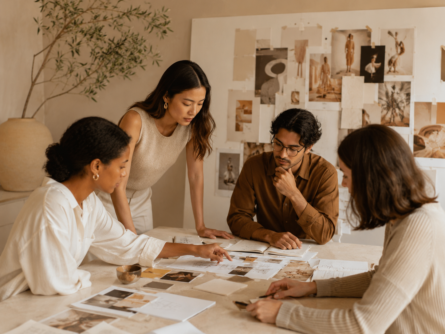 Group of young adults collaborating at a table covered with photographs, sketches, and notebooks in a well-lit room with mood board of artwork on the wall.