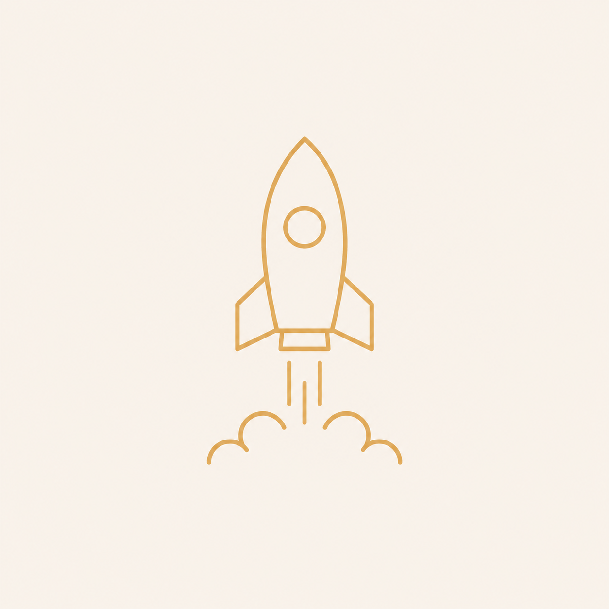 Minimalist line drawing of a rocket launching with smoke below.